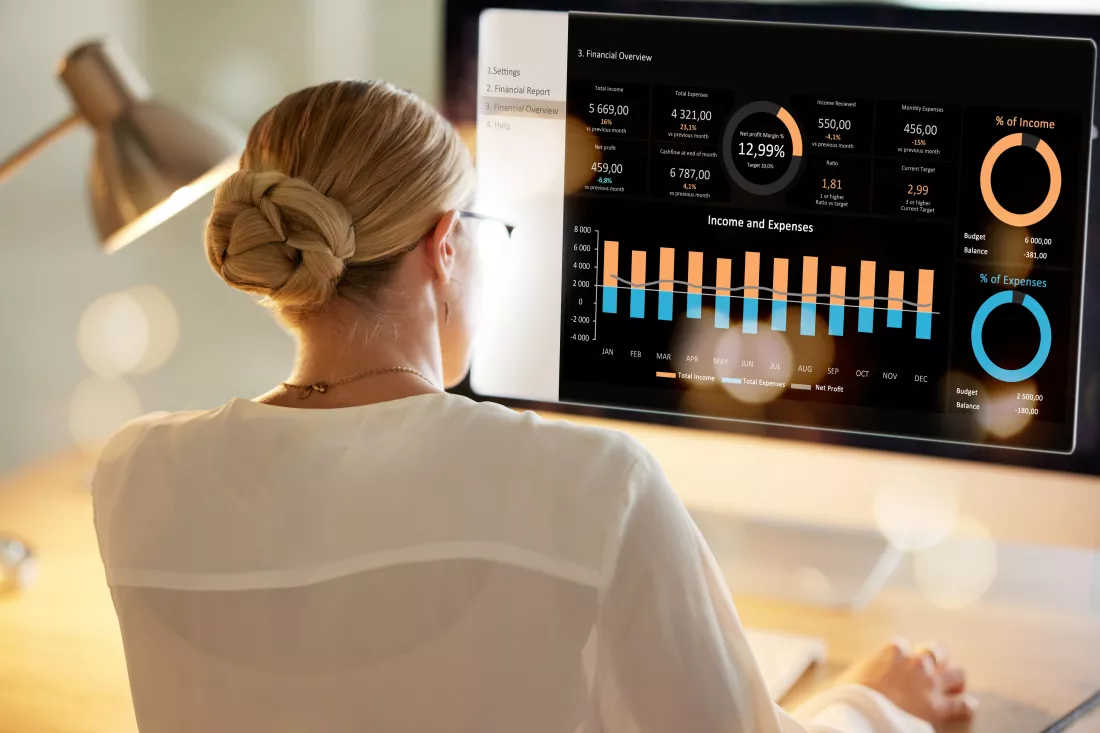 business-woman-screen-computer-data-analytics-night-office-financial-planning-company-budget-startup-accounting-chart-graph-infographic-technology-finance-worker-evening